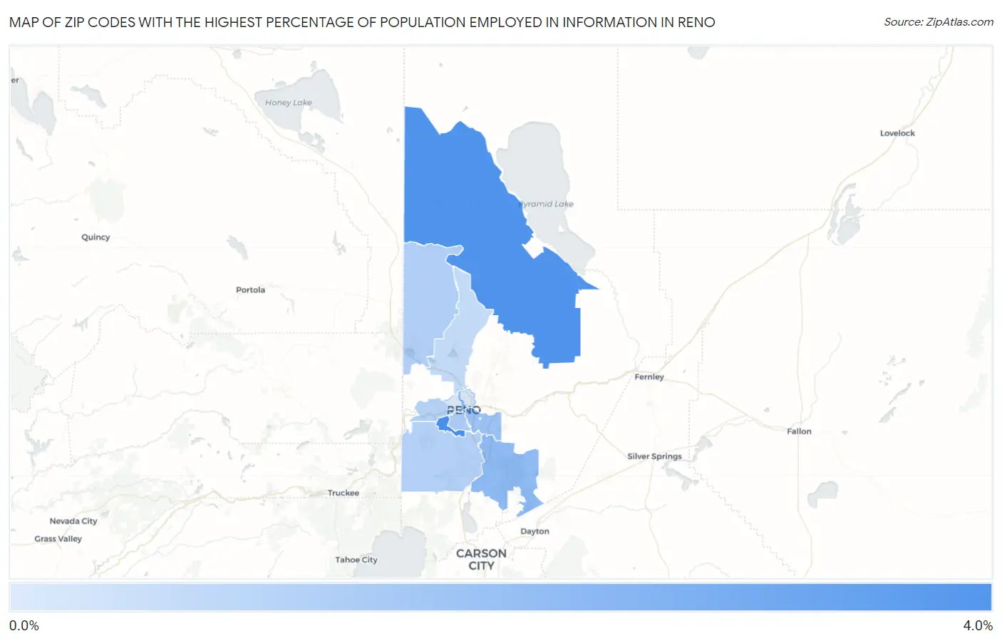 Zip Codes with the Highest Percentage of Population Employed in Information in Reno Map