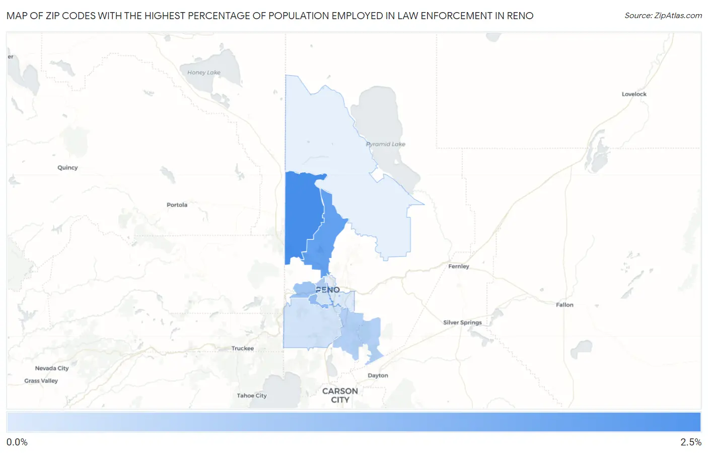 Zip Codes with the Highest Percentage of Population Employed in Law Enforcement in Reno Map