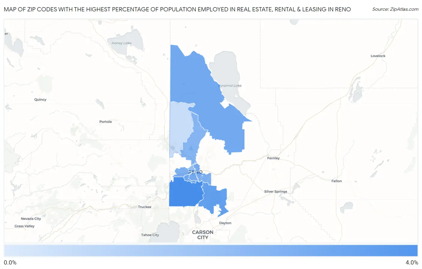 Zip Codes with the Highest Percentage of Population Employed in Real Estate, Rental & Leasing in Reno Map