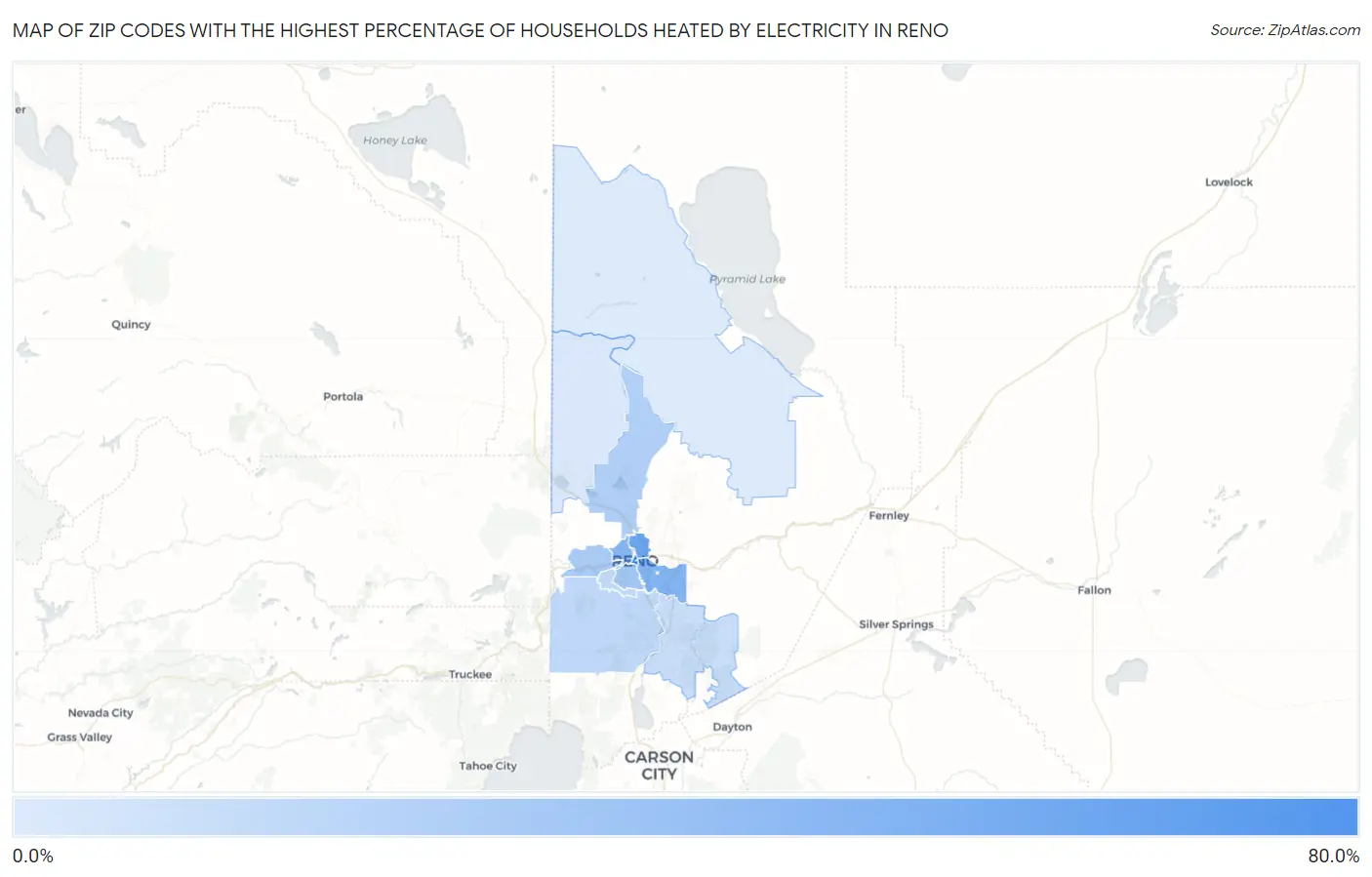 Zip Codes with the Highest Percentage of Households Heated by Electricity in Reno Map