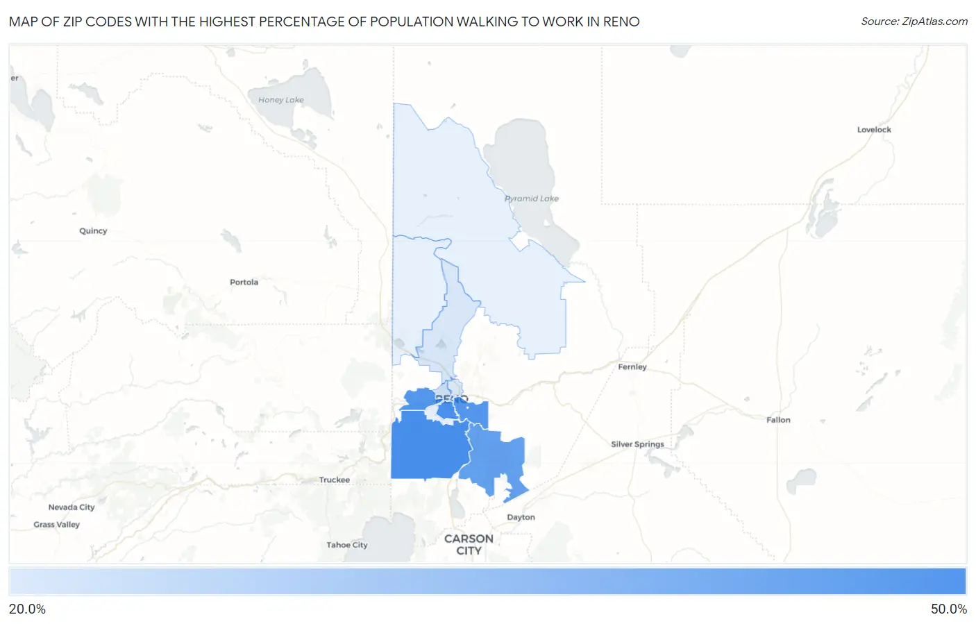 Zip Codes with the Highest Percentage of Population Walking to Work in Reno Map