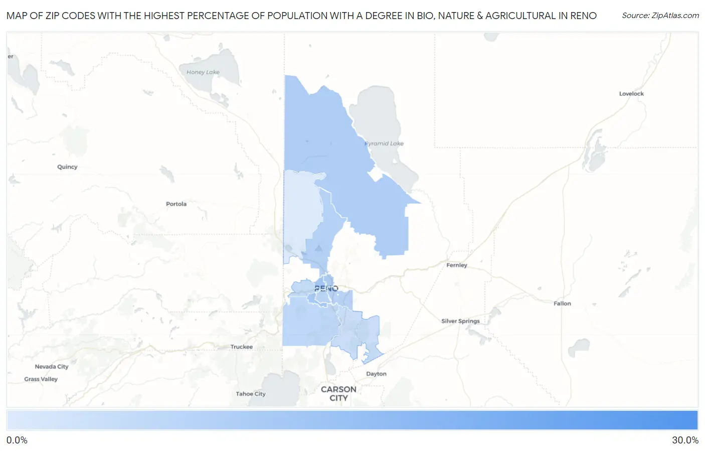 Zip Codes with the Highest Percentage of Population with a Degree in Bio, Nature & Agricultural in Reno Map