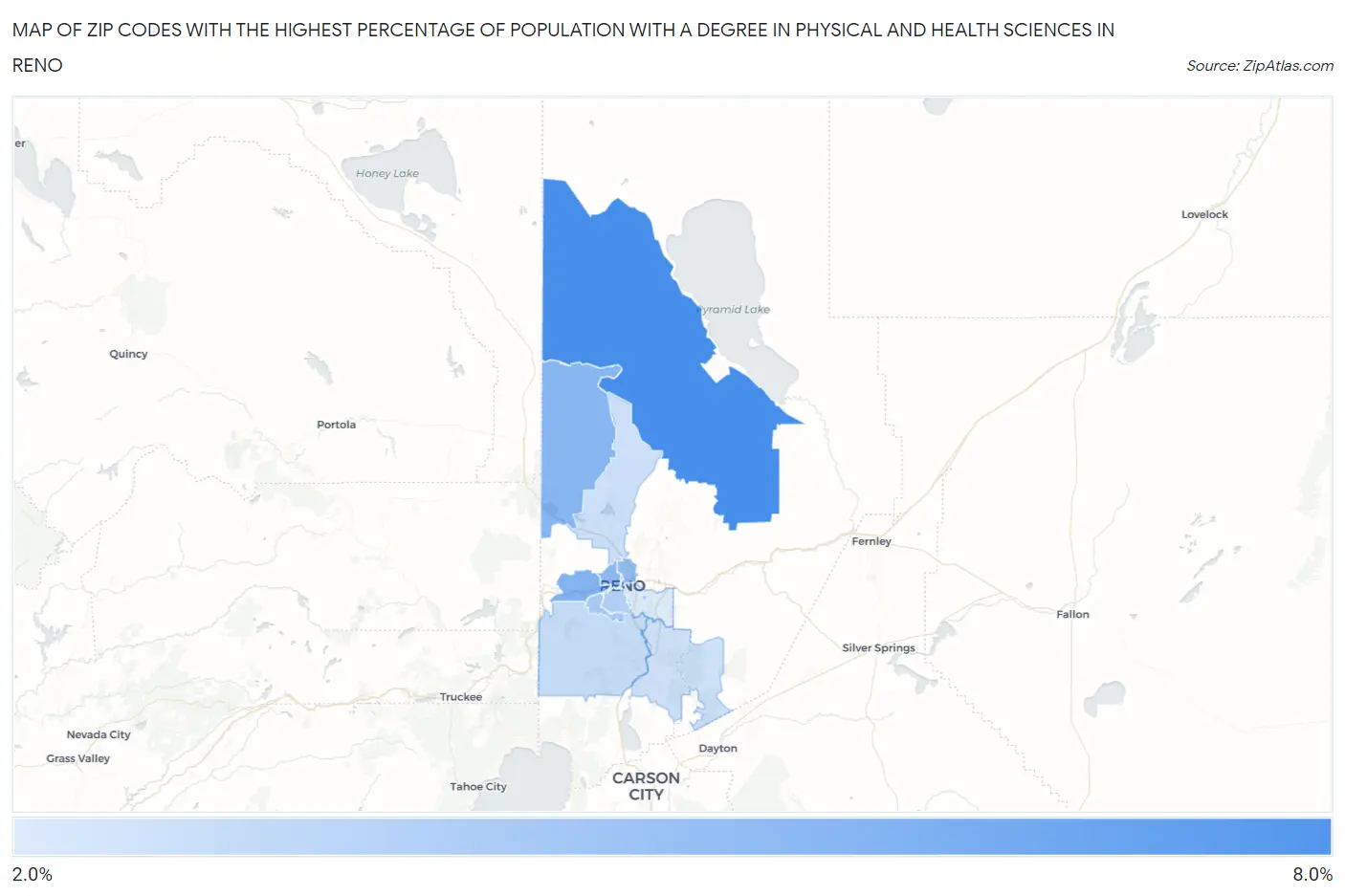 Zip Codes with the Highest Percentage of Population with a Degree in Physical and Health Sciences in Reno Map