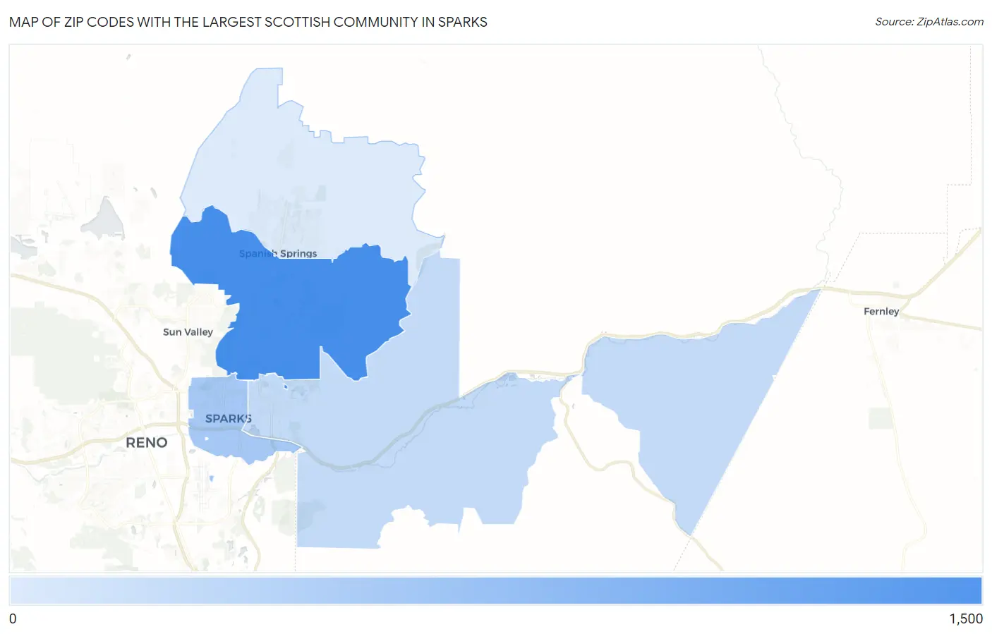 Zip Codes with the Largest Scottish Community in Sparks Map