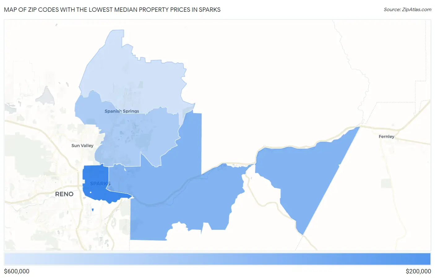 Zip Codes with the Lowest Median Property Prices in Sparks Map