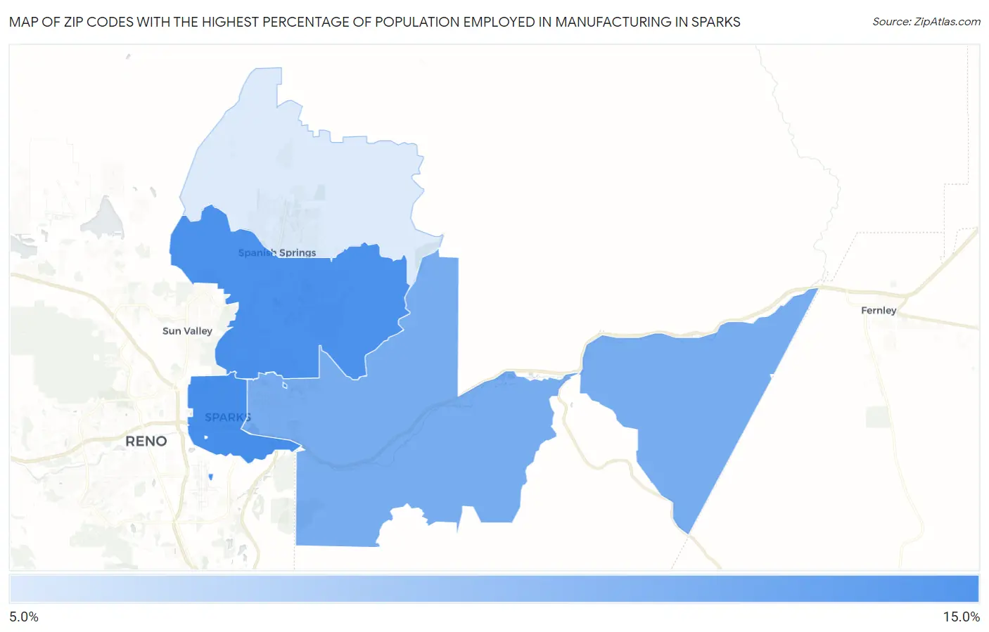 Zip Codes with the Highest Percentage of Population Employed in Manufacturing in Sparks Map