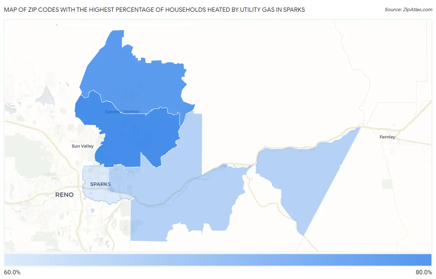 Zip Codes with the Highest Percentage of Households Heated by Utility Gas in Sparks Map