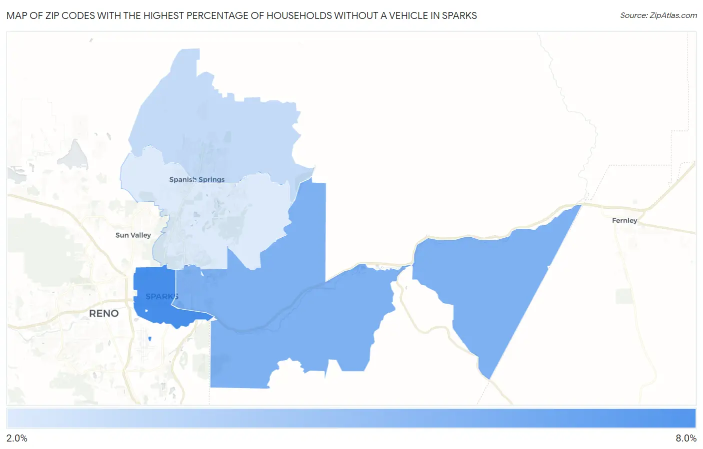 Zip Codes with the Highest Percentage of Households Without a Vehicle in Sparks Map