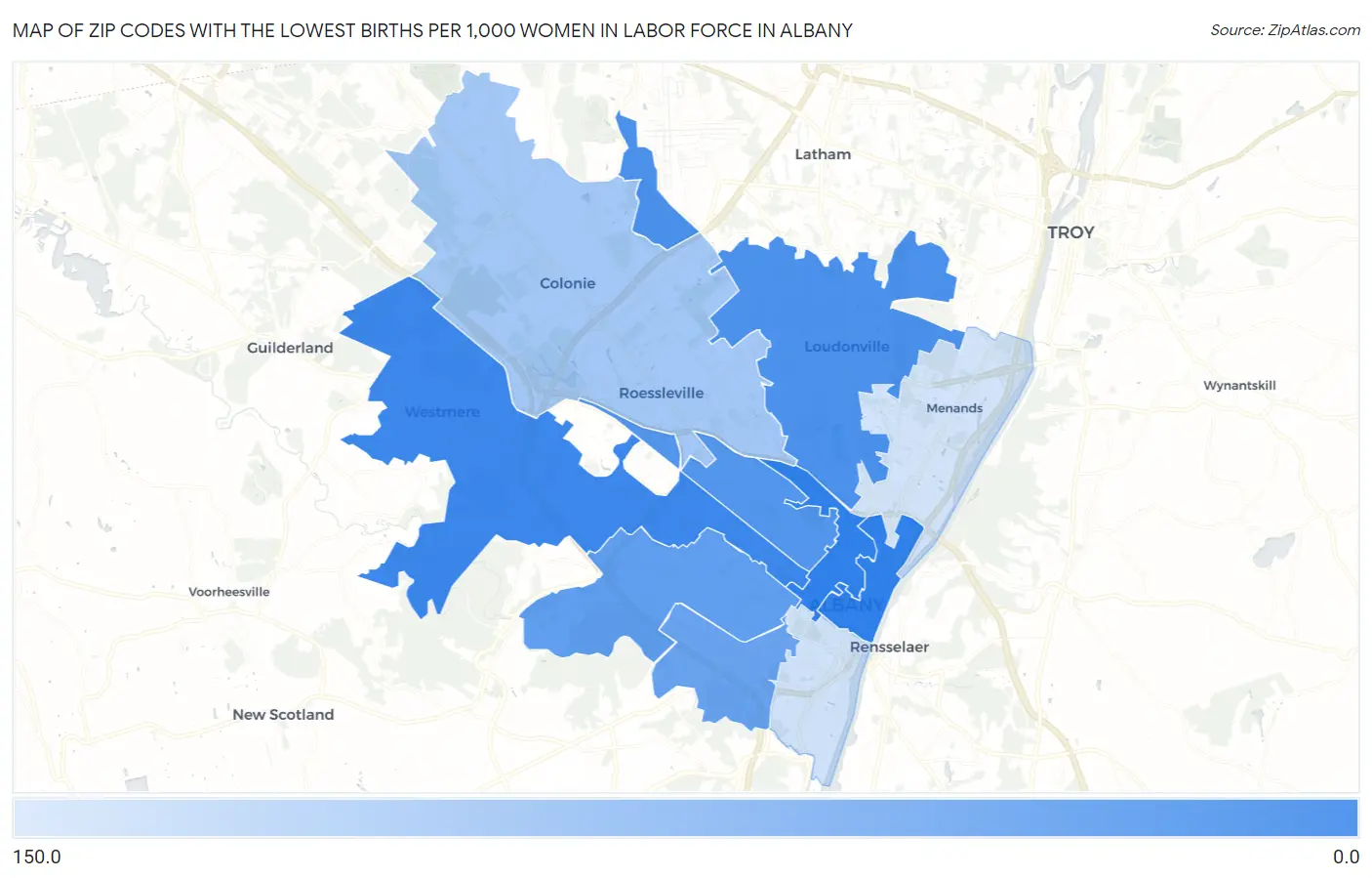 Zip Codes with the Lowest Births per 1,000 Women in Labor Force in Albany Map