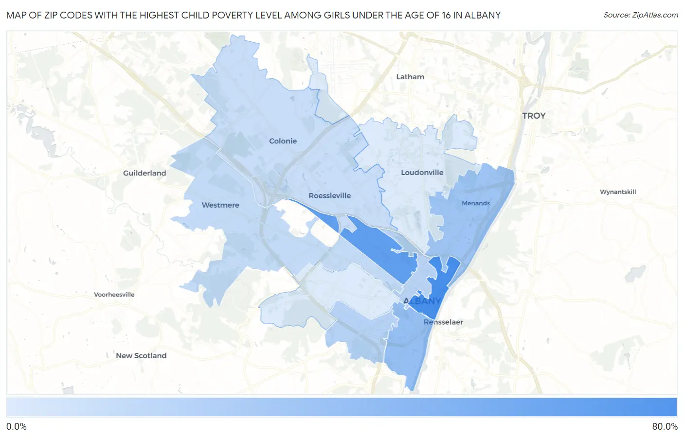 Zip Codes with the Highest Child Poverty Level Among Girls Under the Age of 16 in Albany Map