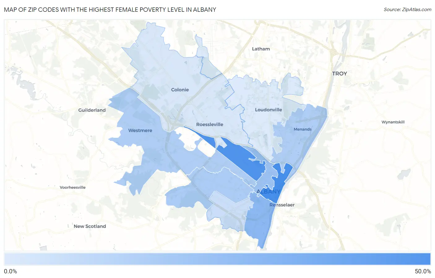 Zip Codes with the Highest Female Poverty Level in Albany Map