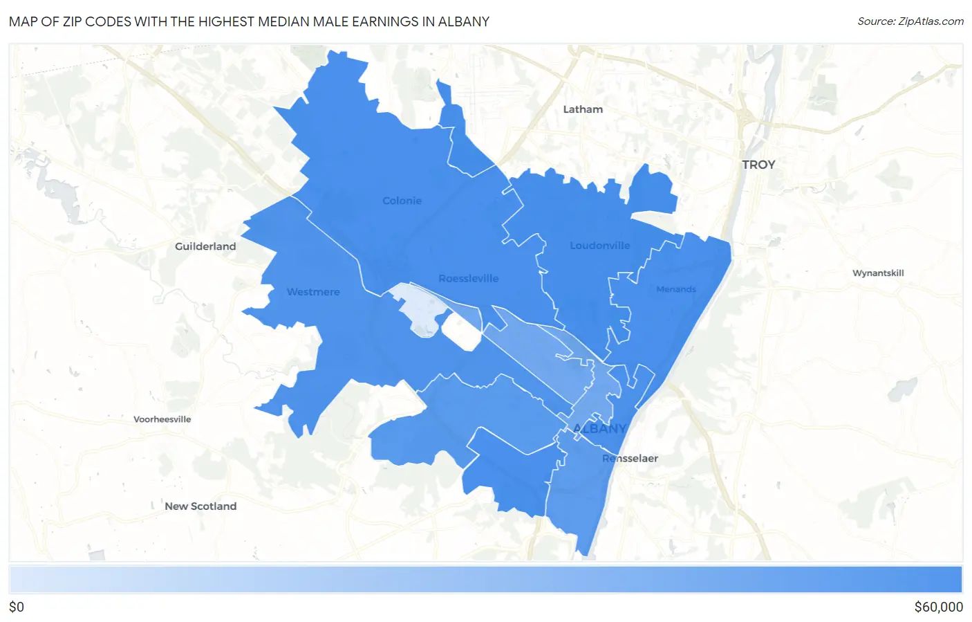 Zip Codes with the Highest Median Male Earnings in Albany Map
