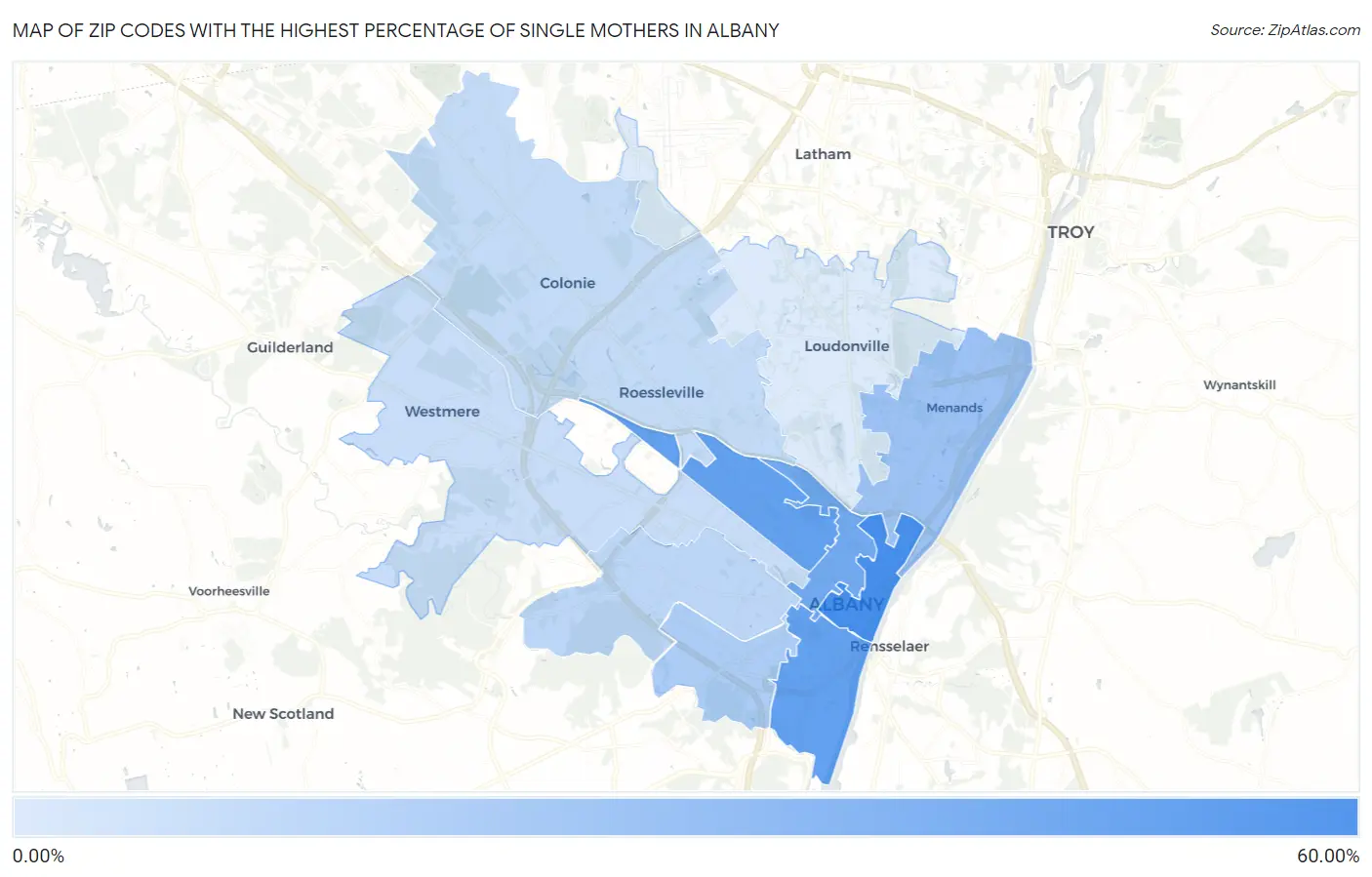 Zip Codes with the Highest Percentage of Single Mothers in Albany Map