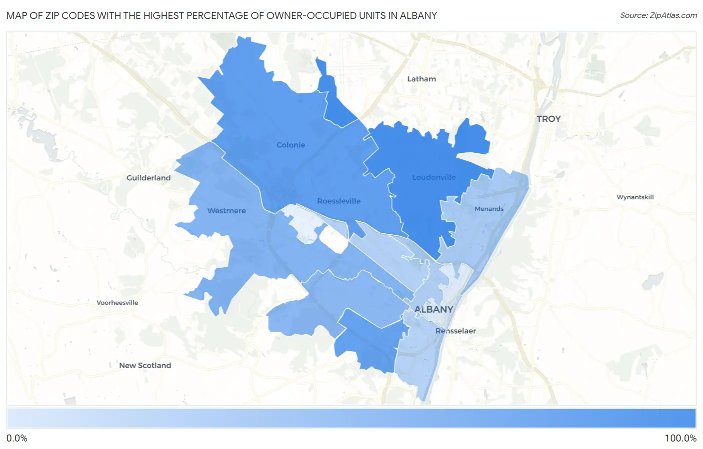 Zip Codes with the Highest Percentage of Owner-Occupied Units in Albany Map