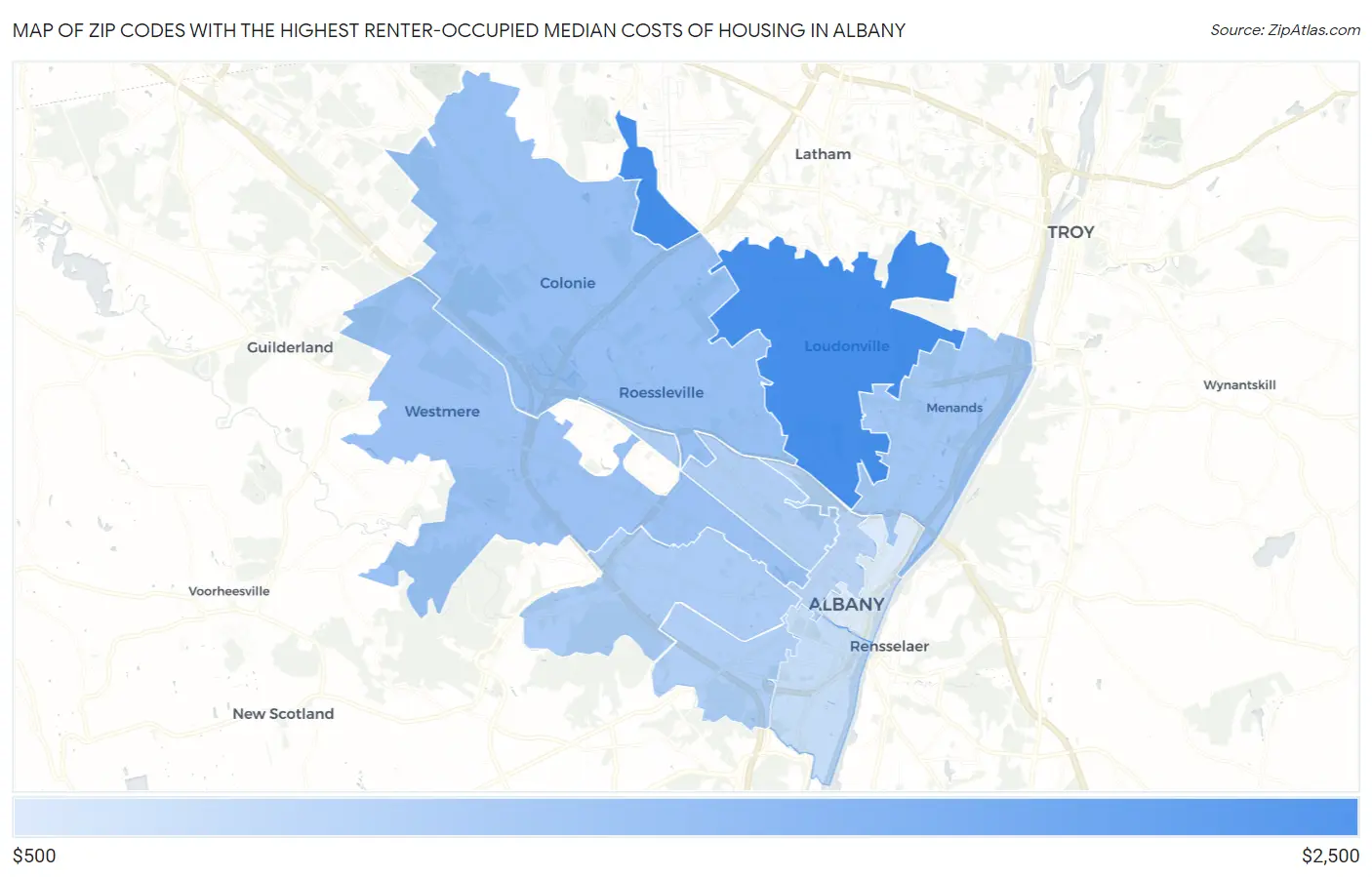 Zip Codes with the Highest Renter-Occupied Median Costs of Housing in Albany Map