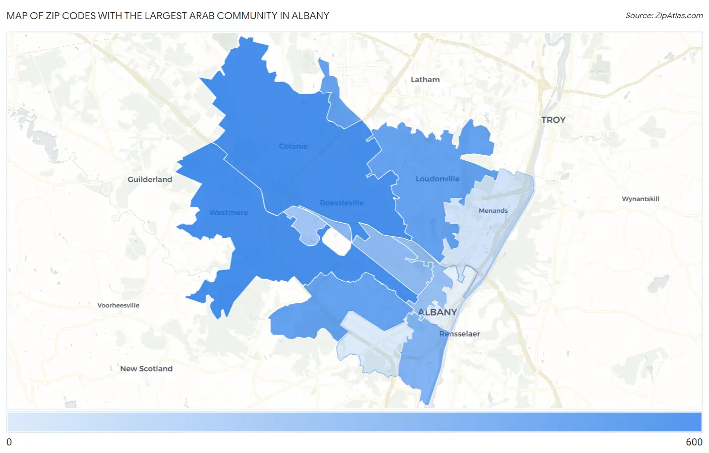 Zip Codes with the Largest Arab Community in Albany Map
