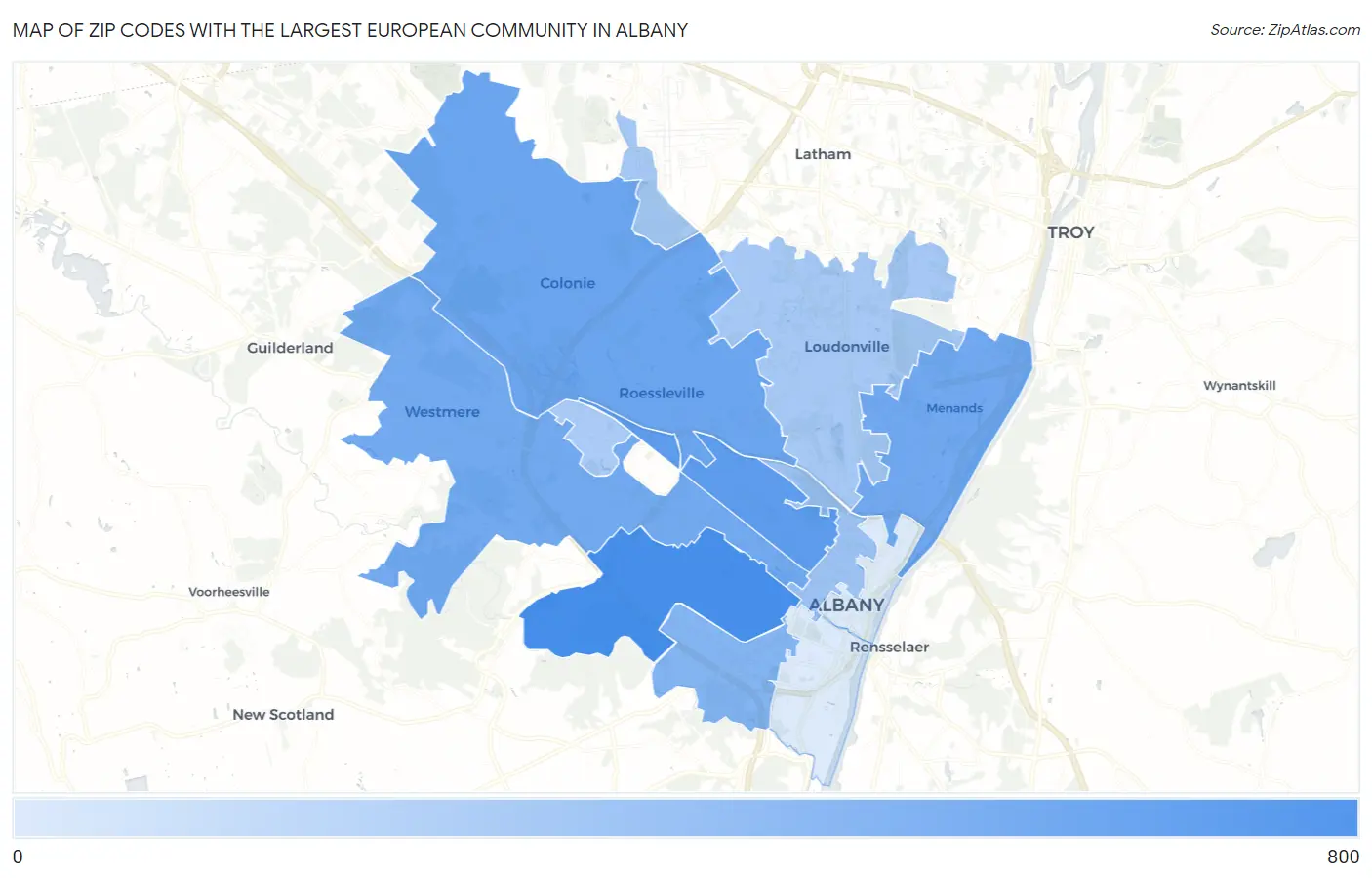 Zip Codes with the Largest European Community in Albany Map