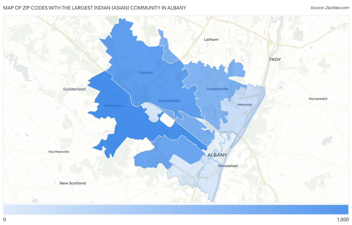 Zip Codes with the Largest Indian (Asian) Community in Albany Map