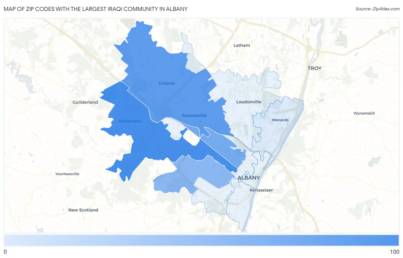 Zip Codes with the Largest Iraqi Community in Albany Map