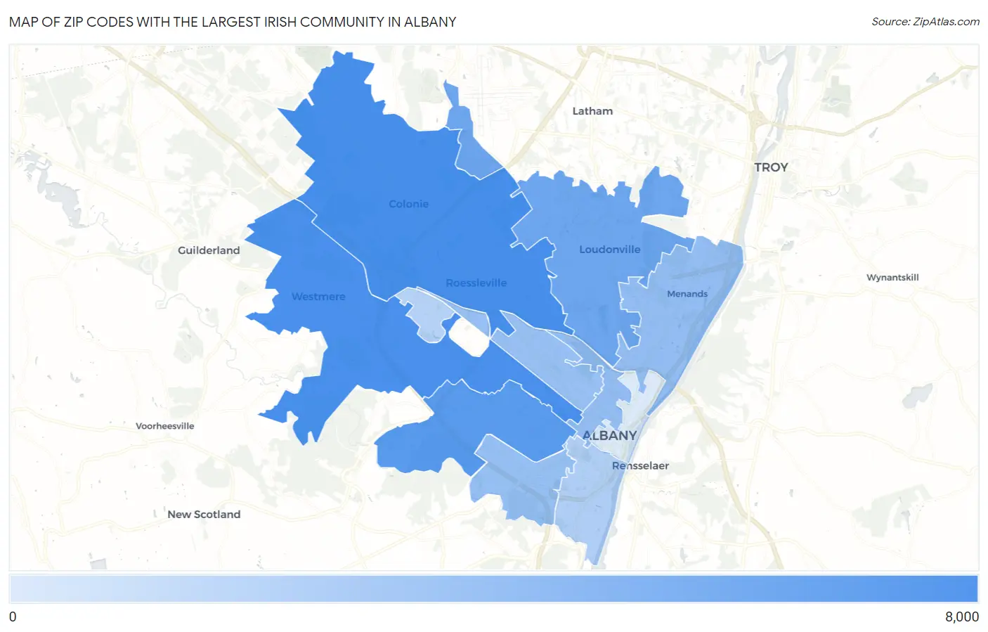 Zip Codes with the Largest Irish Community in Albany Map