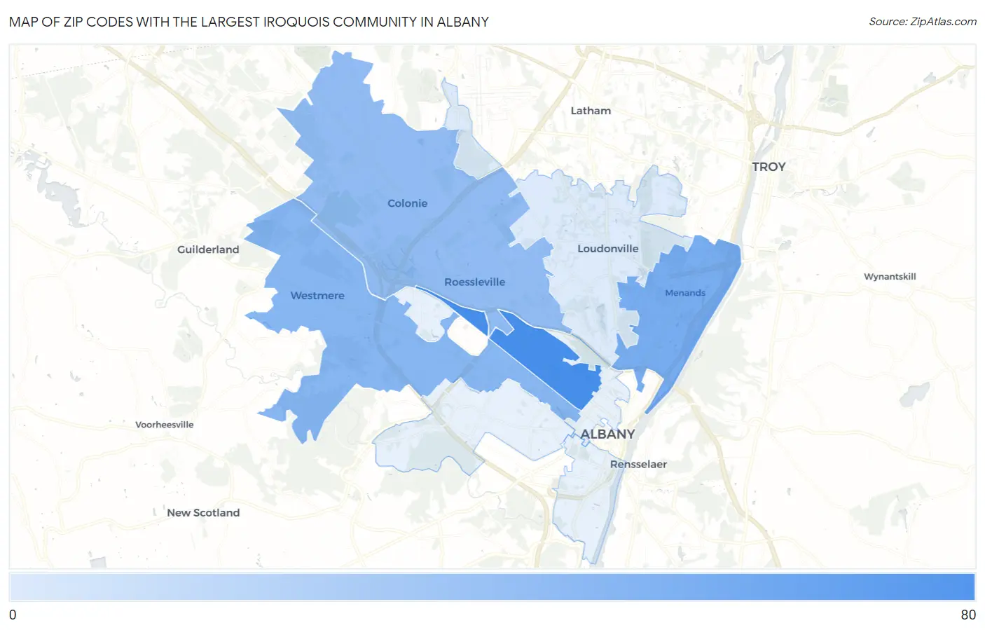 Zip Codes with the Largest Iroquois Community in Albany Map