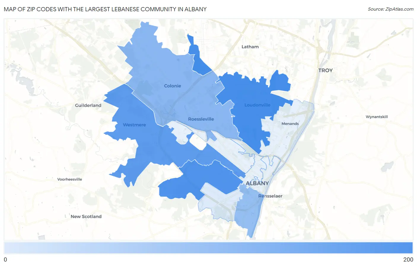Zip Codes with the Largest Lebanese Community in Albany Map