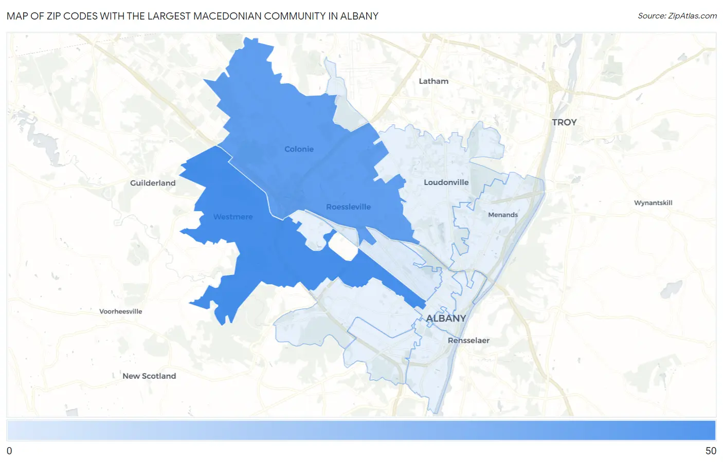 Zip Codes with the Largest Macedonian Community in Albany Map