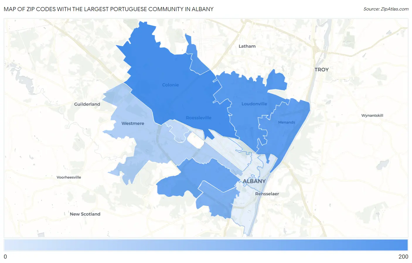 Zip Codes with the Largest Portuguese Community in Albany Map