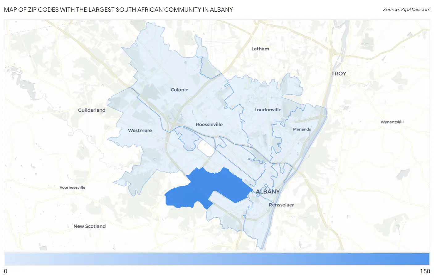 Zip Codes with the Largest South African Community in Albany Map