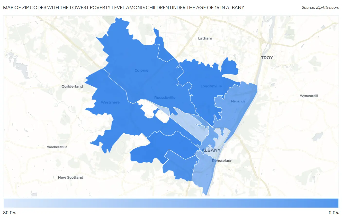 Zip Codes with the Lowest Poverty Level Among Children Under the Age of 16 in Albany Map