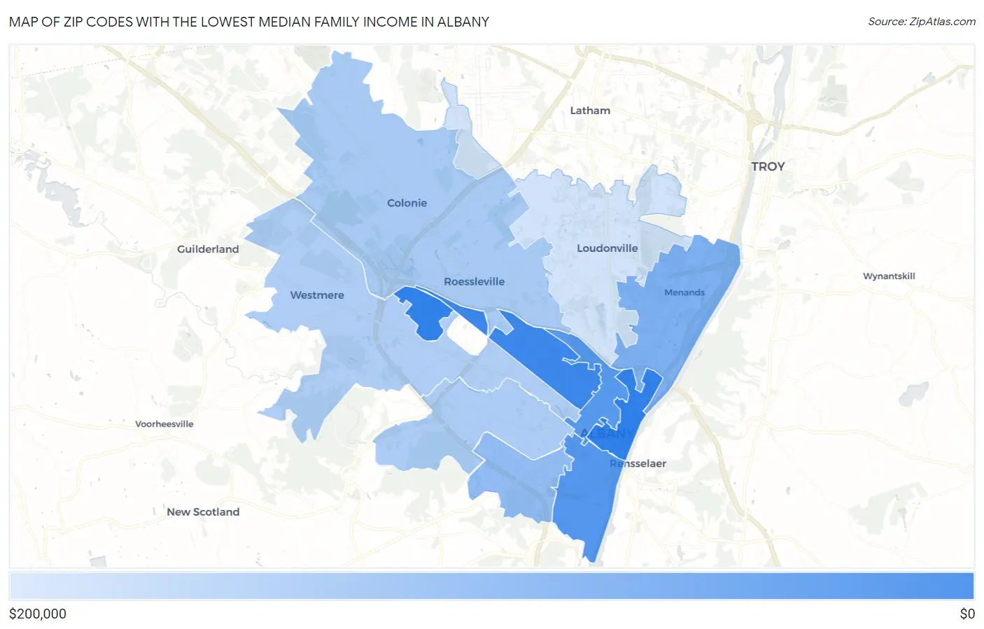 Zip Codes with the Lowest Median Family Income in Albany Map