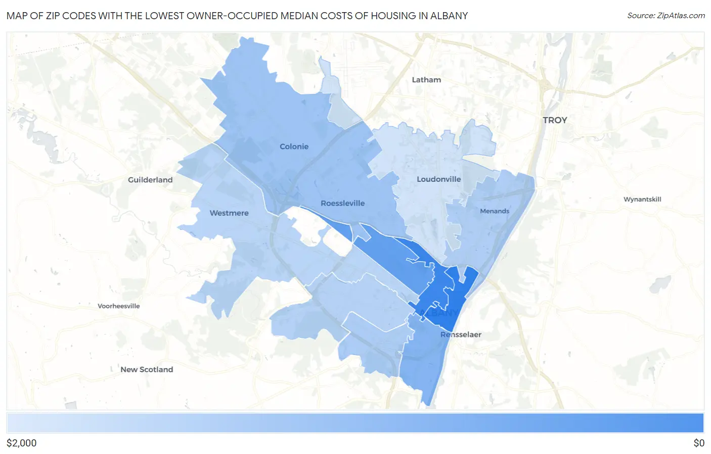 Zip Codes with the Lowest Owner-Occupied Median Costs of Housing in Albany Map