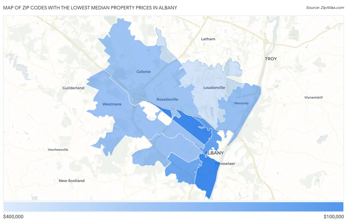 Zip Codes with the Lowest Median Property Prices in Albany Map