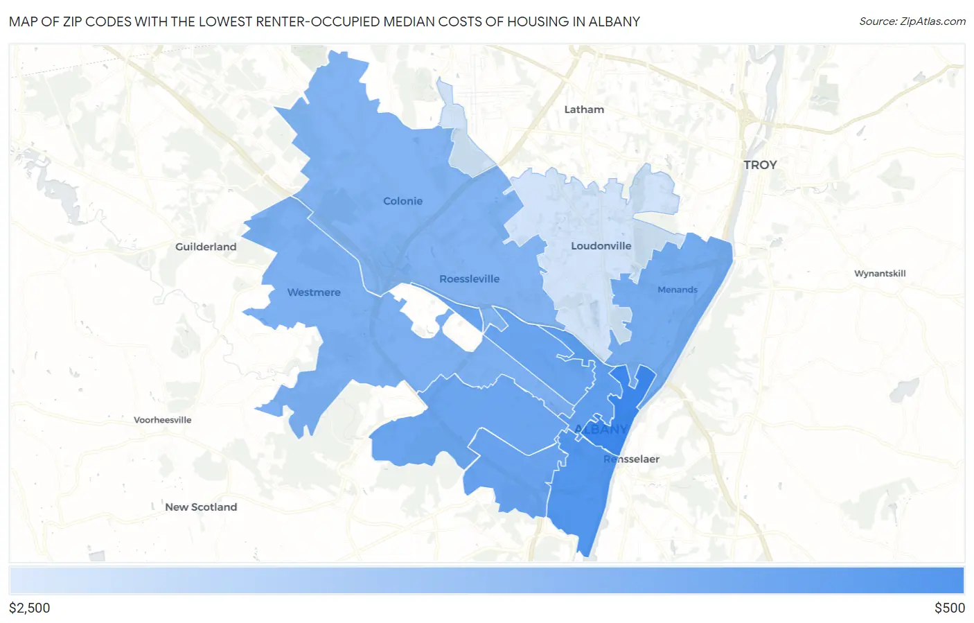 Zip Codes with the Lowest Renter-Occupied Median Costs of Housing in Albany Map