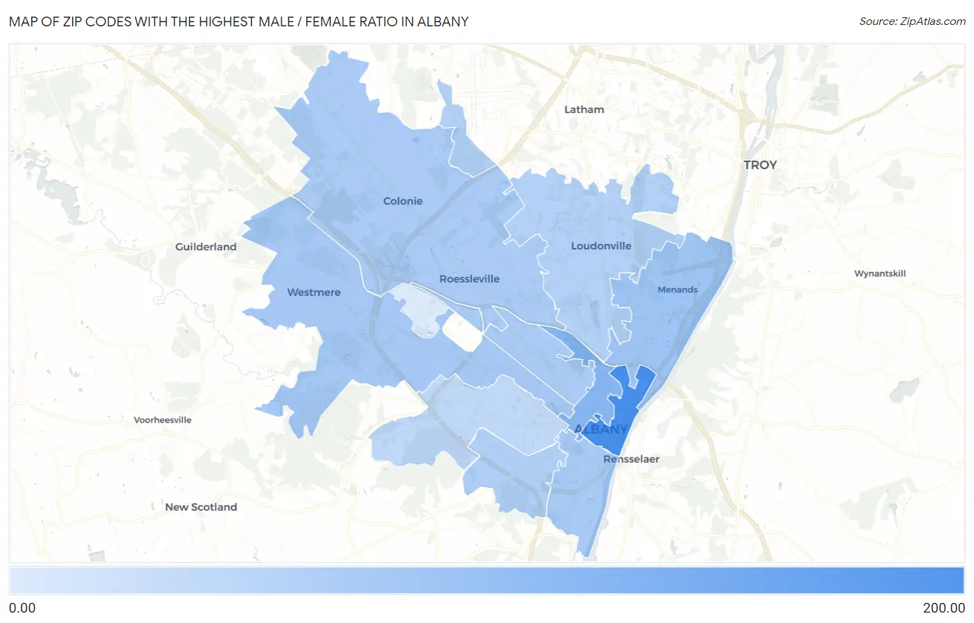 Zip Codes with the Highest Male / Female Ratio in Albany Map