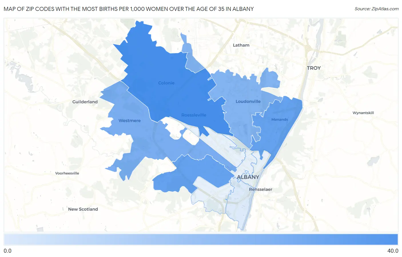 Zip Codes with the Most Births per 1,000 Women Over the Age of 35 in Albany Map
