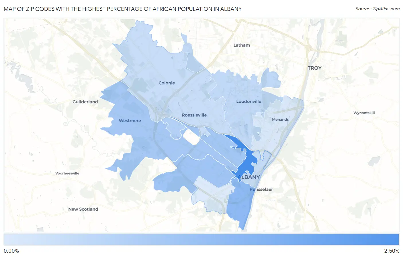 Zip Codes with the Highest Percentage of African Population in Albany Map