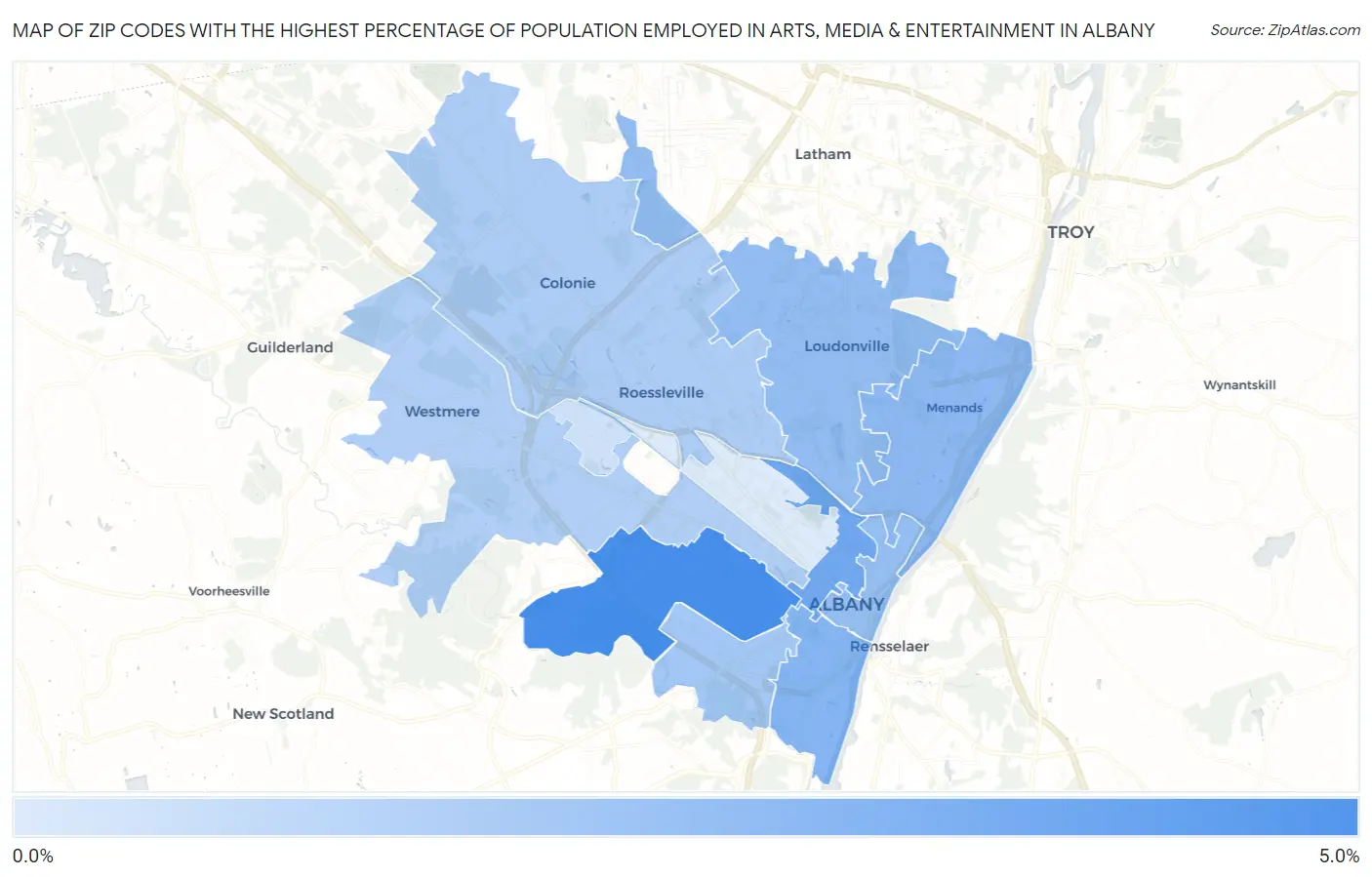 Zip Codes with the Highest Percentage of Population Employed in Arts, Media & Entertainment in Albany Map
