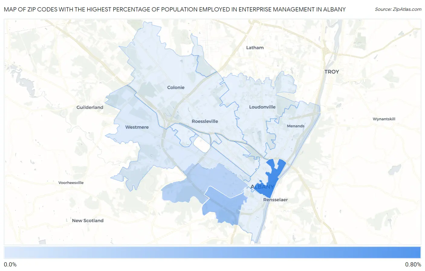 Zip Codes with the Highest Percentage of Population Employed in Enterprise Management in Albany Map