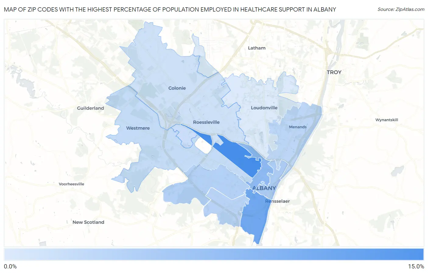 Zip Codes with the Highest Percentage of Population Employed in Healthcare Support in Albany Map