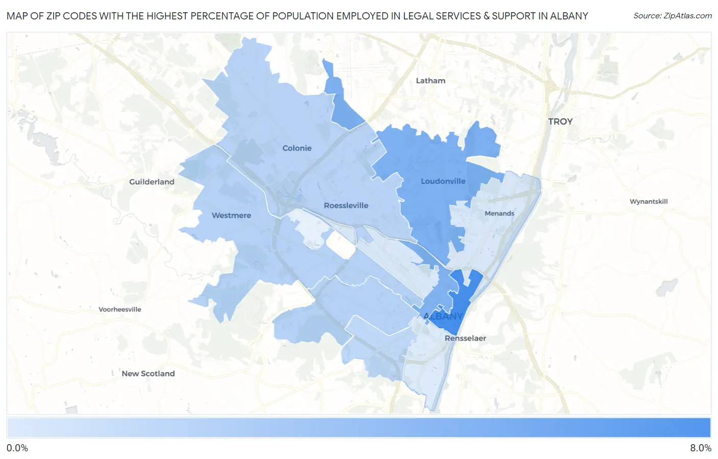 Zip Codes with the Highest Percentage of Population Employed in Legal Services & Support in Albany Map