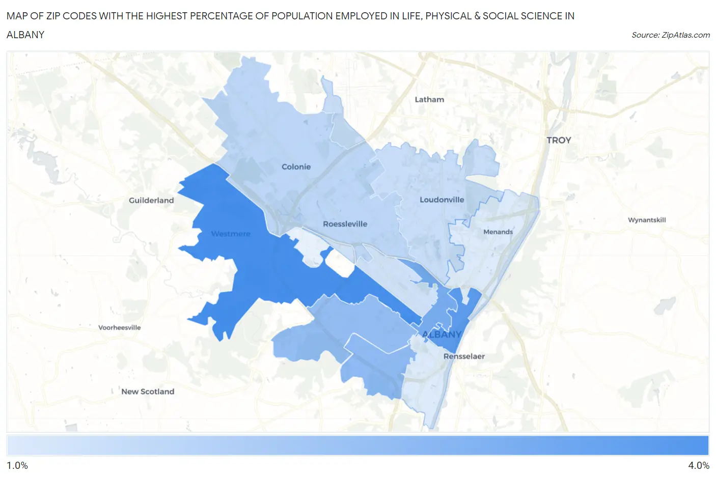 Zip Codes with the Highest Percentage of Population Employed in Life, Physical & Social Science in Albany Map