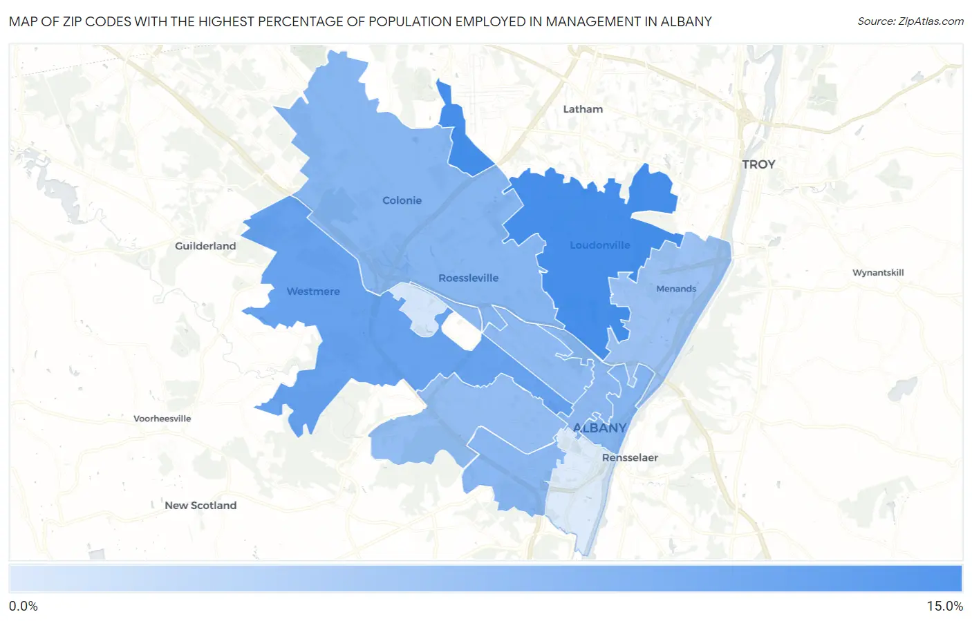 Zip Codes with the Highest Percentage of Population Employed in Management in Albany Map