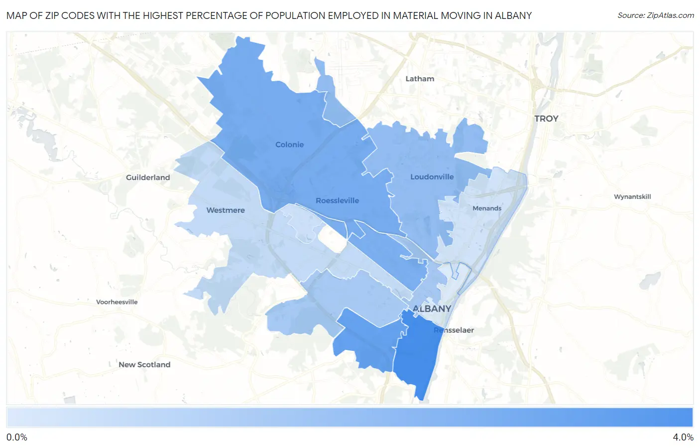 Zip Codes with the Highest Percentage of Population Employed in Material Moving in Albany Map
