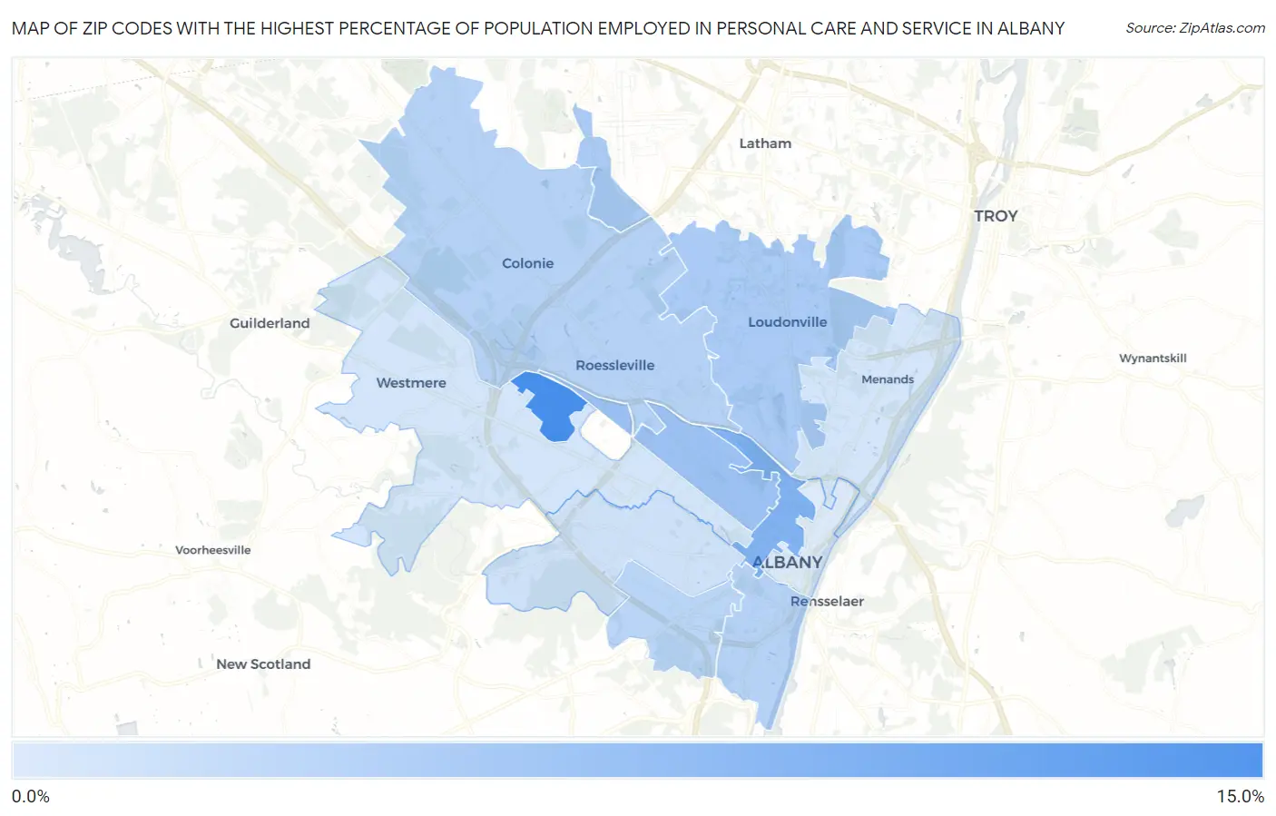 Zip Codes with the Highest Percentage of Population Employed in Personal Care and Service in Albany Map