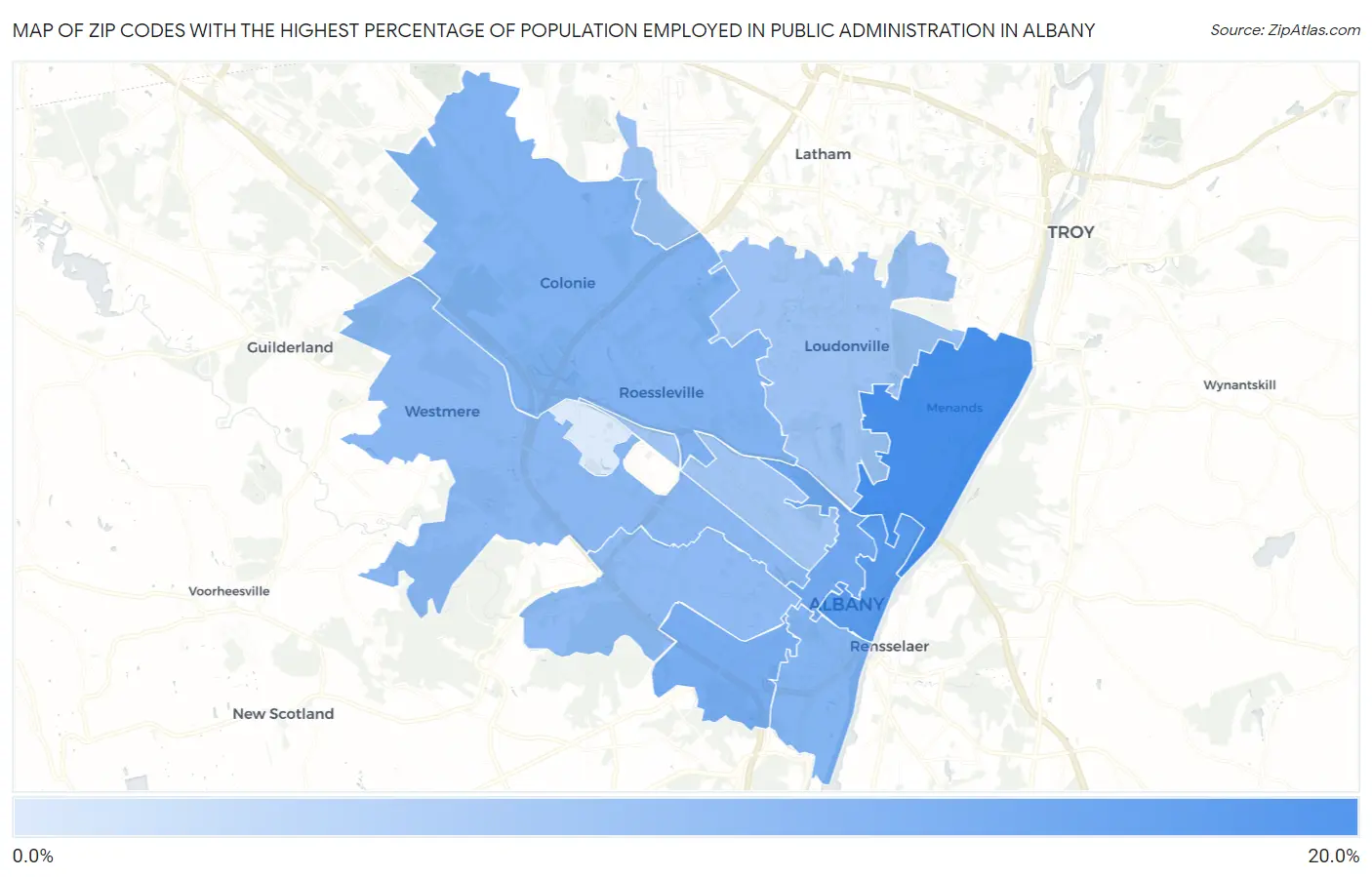 Zip Codes with the Highest Percentage of Population Employed in Public Administration in Albany Map