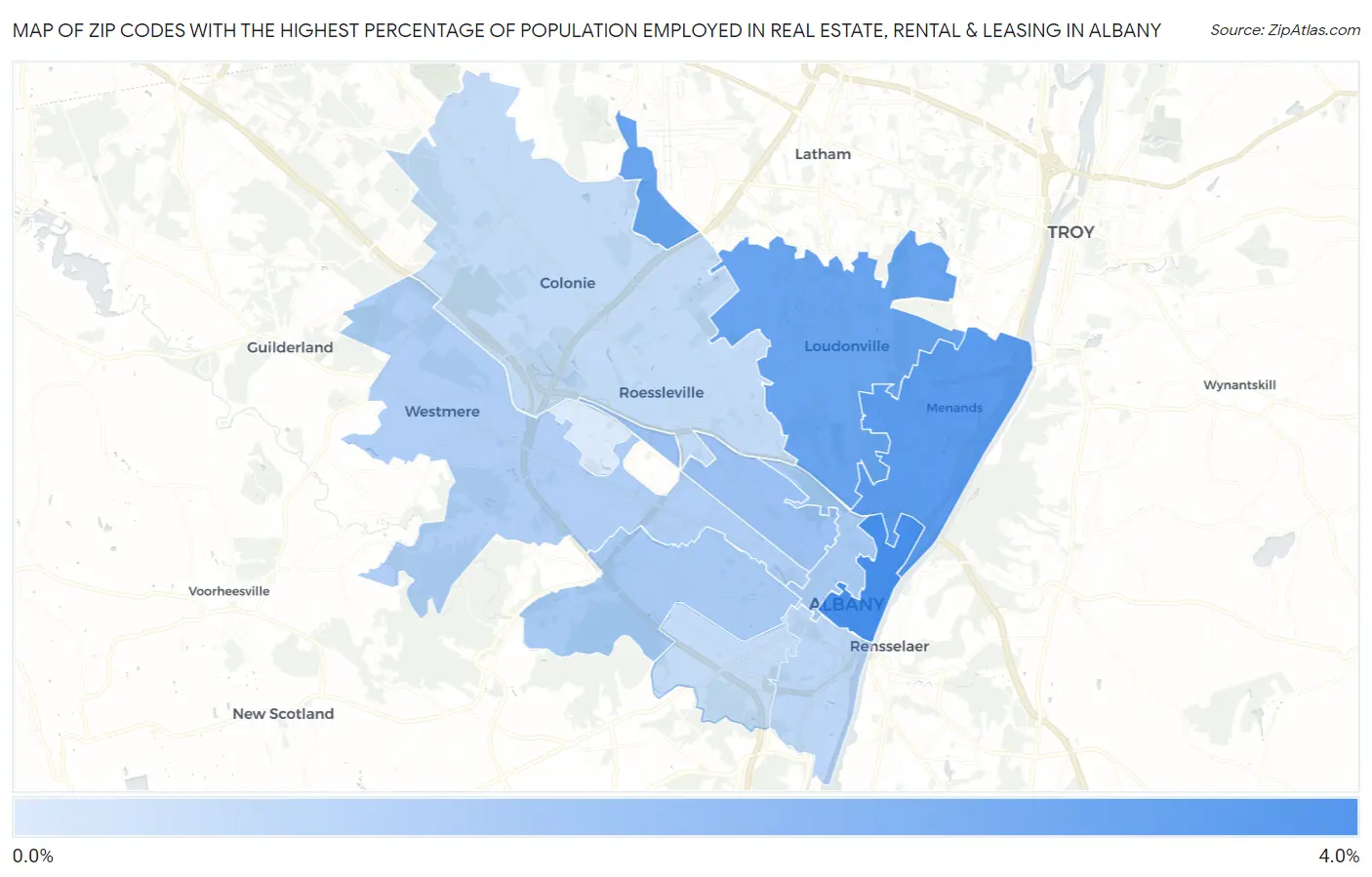 Zip Codes with the Highest Percentage of Population Employed in Real Estate, Rental & Leasing in Albany Map