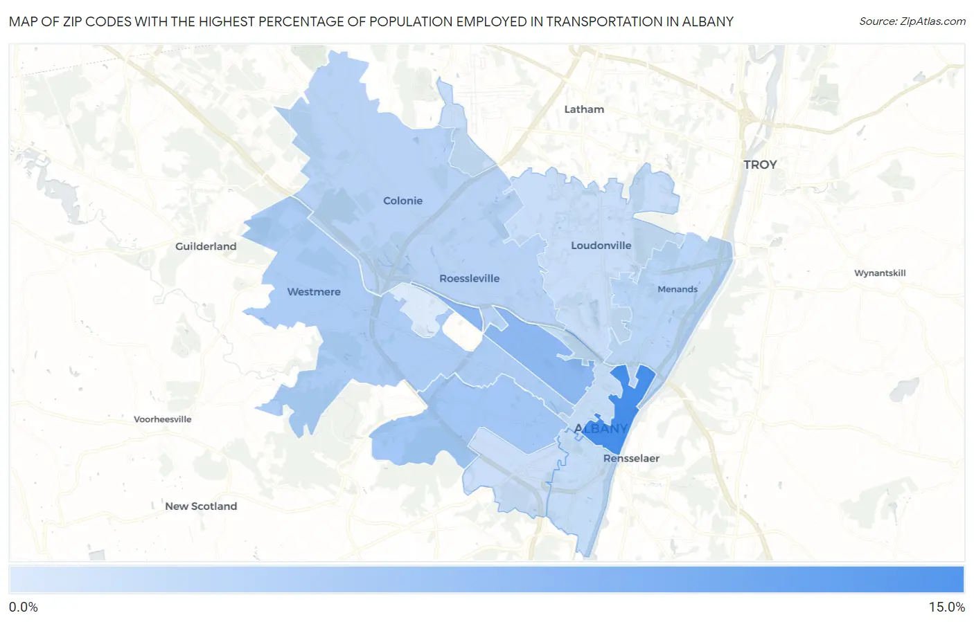 Zip Codes with the Highest Percentage of Population Employed in Transportation in Albany Map