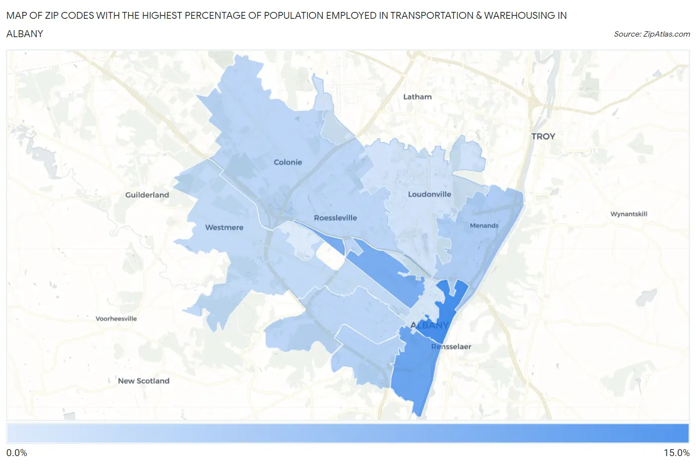Zip Codes with the Highest Percentage of Population Employed in Transportation & Warehousing in Albany Map