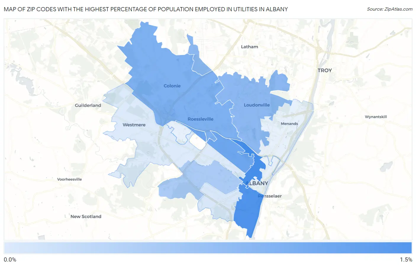 Zip Codes with the Highest Percentage of Population Employed in Utilities in Albany Map